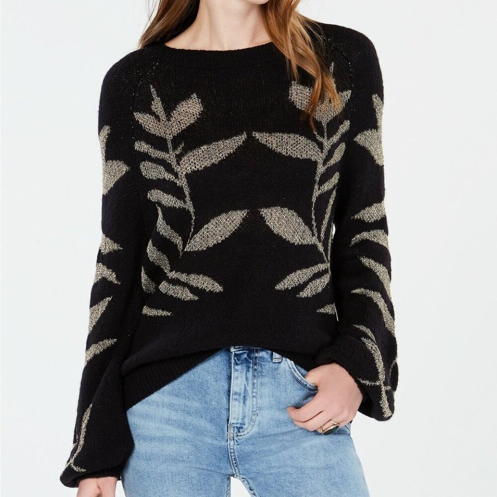 Lucky Brand Wool Metallic Leaf Vine Branch Print Sweater Pullover